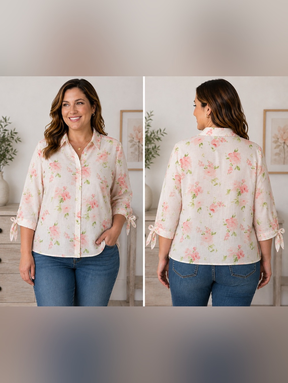 Emma James Liz Claiborne Size 14 Floral Cotton Blouse Pink Y2K Style Tie Sleeve